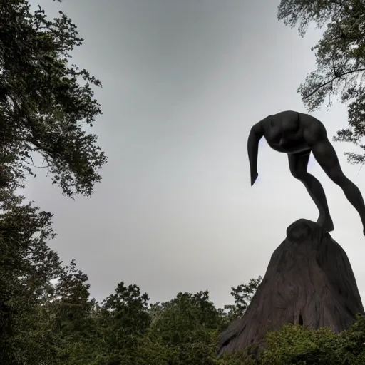 Prompt: the thinker sculpture disintegrating into a dust cloud, in a forest setting at dusk