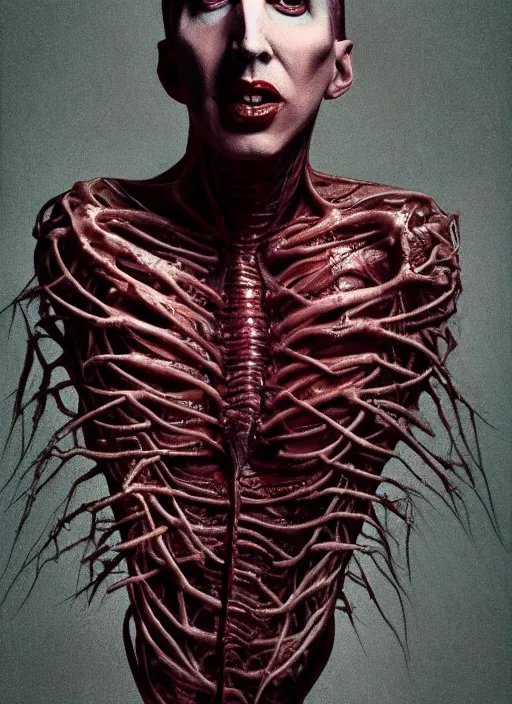 Image similar to portrait of marilyn manson with translucent skin, visible muscles and veins and arteries and bones and spines and nerves, beautiful detailed intricate insanely detailed octane render, 8 k artistic photography, photorealistic, chiaroscuro, by david cronenberg, raphael, caravaggio