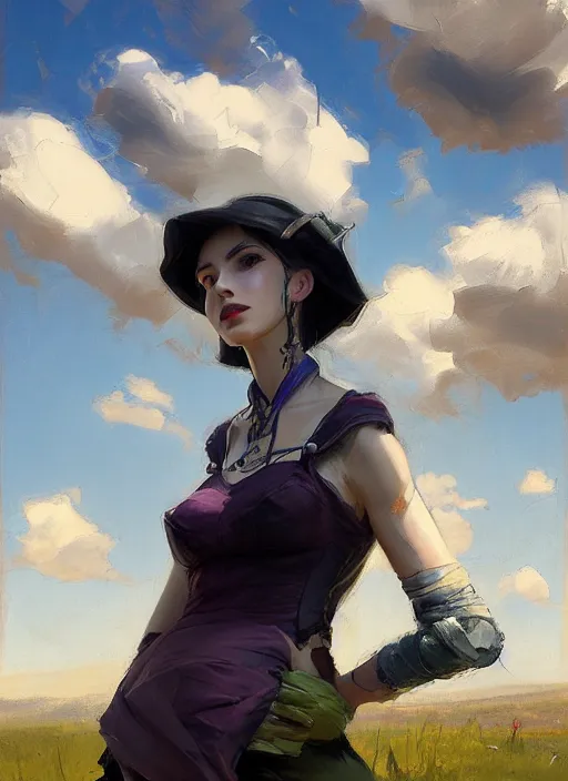 Prompt: portrait of Jinx from League of Legends after work, countryside, calm, fantasy character portrait, dynamic pose, above view, sunny day, thunder clouds in the sky, artwork by Jeremy Lipkin and Giuseppe Dangelico Pino and Michael Garmash and Rob Rey, very coherent asymmetrical artwork, sharp edges, perfect face, simple form, 100mm