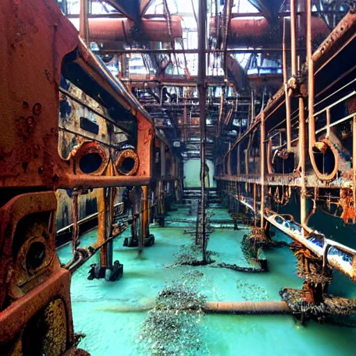 Prompt: a rusted underwater deep-sea factory. steel beams and iron chains