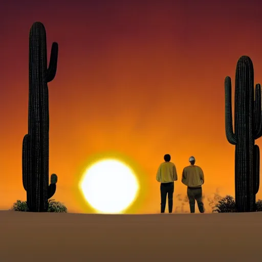 Prompt: giant fiery sun takes up most of the sky, two men look out over the horizon of a desert with plants on fire, anamorphic film still