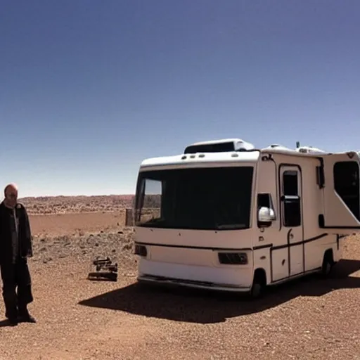 Prompt: walter white and jessie pinkman cooking meth in their rv in the desert,