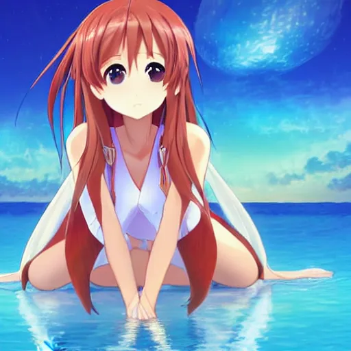 Image similar to wlop art: yuuki asuna sitting at the beach watching saturn in the sky