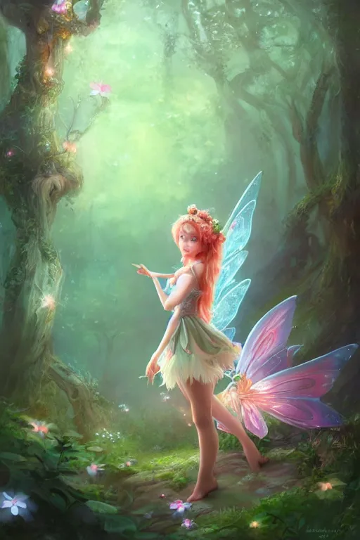 Image similar to a cute fairy in the dreamy forest, fantasy, dreamlike, 8 k resolution, hyper detailed, d & d, character design, digital painting, trending on artstation, sharp focus, illustration, art by viktoria gavrilenko, hoang lap, fuji choko, steve zheng