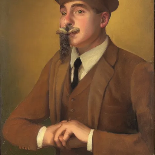 Image similar to portrait of a british young man in a flat cap, a light mustache, and a nice brown suit, oil painting