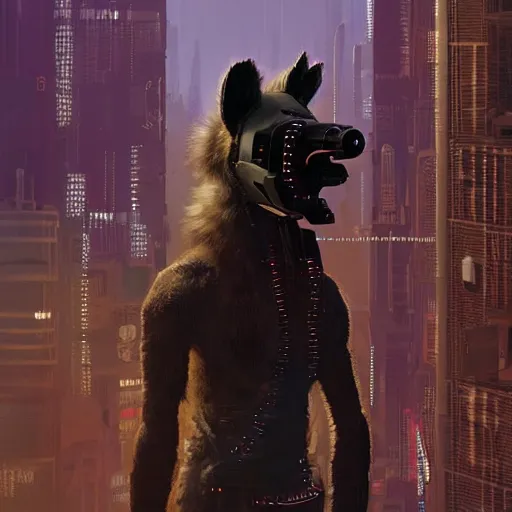 Image similar to new york city portrait of furry anthro anthropomorphic spotted hyena head animal person fursona wearing clothes strange cybernetic muzzle gloomy rainy screenshot from the video game cyberpunk 2077 digital art by Greg Rutkowski, Simon Stalenhag, christopher nolan trending on Artstation, CGSociety