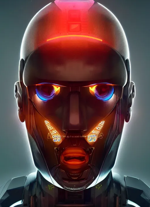 Image similar to bladerunner, cyberpunk, full head, side facial portrait of a ceramic mech humanoid robot Spanish ninja with an attractive bald head and handsome features, large glowing eyes, macho, piroca, dotado, guapo, reflective surface, overwatch, trending on cgsociety, trending on artstation