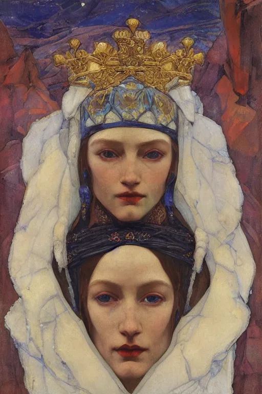 Prompt: queen of snow and ice by Annie Swynnerton and Nicholas Roerich, strong dramatic cinematic lighting , ornate headdress , flowing robes, lost civilizations, smooth, sharp focus, extremely detailed