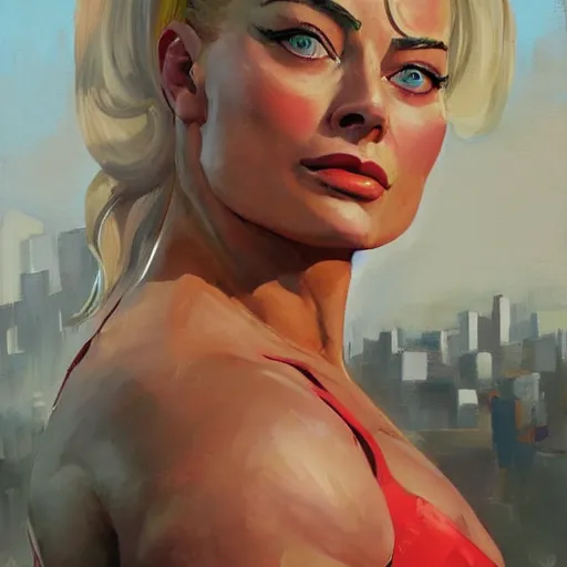 Image similar to greg manchess portrait of margot robbie as thick female bodybuilder zarya from overwatch in disco elysium, 8 7 8, epic grimdark, fantasy, medium shot, asymmetrical, profile picture, organic painting, sunny day, matte painting, bold shapes, hard edges, street art, trending on artstation, by huang guangjian and gil elvgren and sachin teng