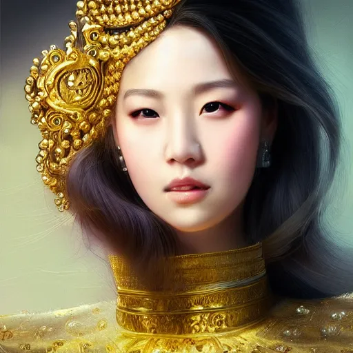 Image similar to hyper realism portrait of Princess by Zhong, Fenghua Klimt, Gustav, stunning, detailing, artstation trending, perfect lighting, golden hour, face detailing