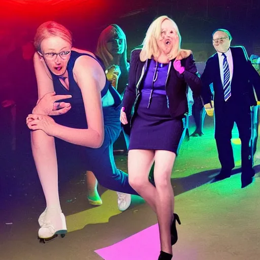 Image similar to hyperrealistic photography of elizabeth truss, conservative MP, lost and confused in a rave with michael gove