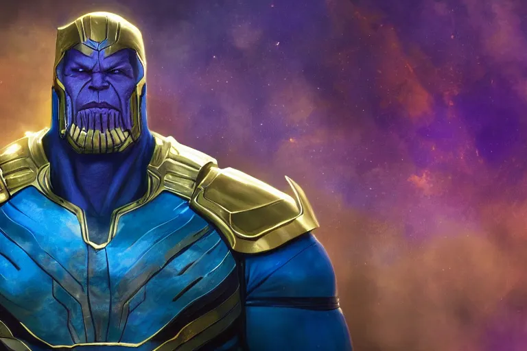 Prompt: Thanos wearing blue and gold armor smirking while raising his clenched fist in the air, trending on Artstation, highly detailed, HD wallpaper, 4k, photorealistic, digital art