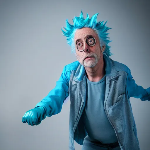 Image similar to portrait photo still of real life rick sanchez from rick and morty, blue hair, wild eyes, scientist outfit, 8 k, 8 5 mm f 1. 8