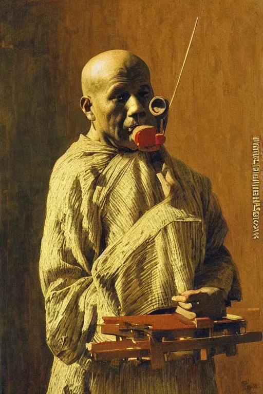 Image similar to robot monk painting a self - portrait on a canvas. intricate, highly detailed, photorealistic, film still, by ilya repin.