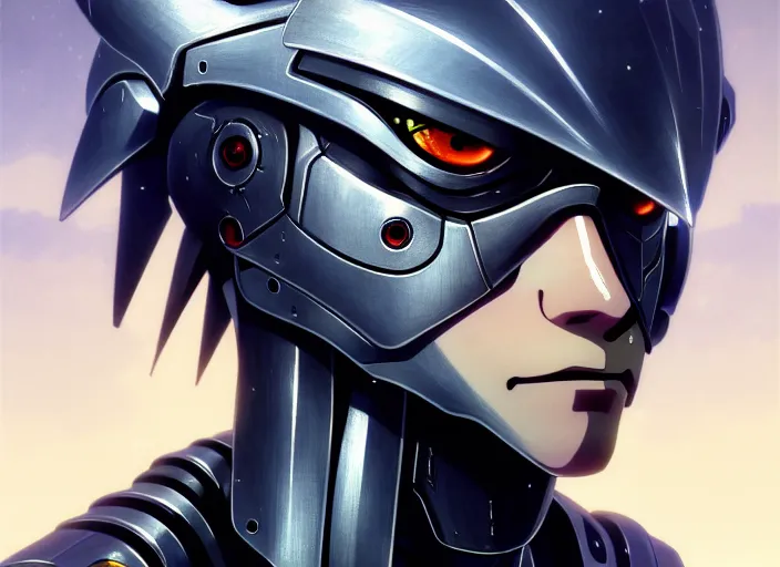 Image similar to a anime portrait of a cyborg raiden, finely detailed features, closeup at the face, sharp focus, perfect art, night - time city background, cinematic lighting, highly detailed, intricate, anime, illustration, artstation, trending on pixiv fanbox, painted by greg rutkowski, studio ghibli, yoji shinkawa, hayao miyazaki,