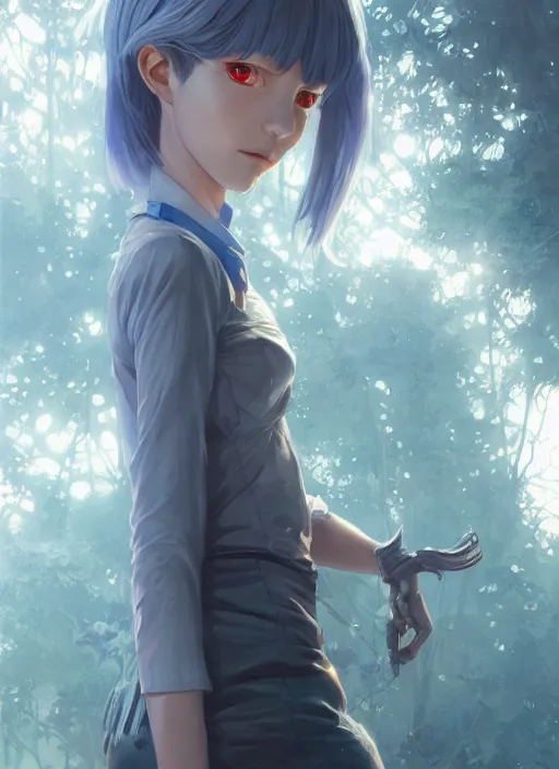 Image similar to highly detailed portrait of rei ayanami, stephen bliss, unreal engine, fantasy art by greg rutkowski, loish, rhads, ferdinand knab, makoto shinkai and lois van baarle, ilya kuvshinov, rossdraws, tom bagshaw, global illumination, radiant light, detailed and intricate environment