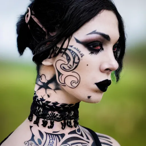 Image similar to a portrait of a goth female with maori tattoos and a lace choker, dark eyes, dark hair, olive skin, depth of field, zeiss lens, detailed, centered, artstation, fashion photoshoot, by Annie Leibovitz and Steve McCurry, David Lazar, Jimmy Nelsson, Breathtaking, 8k resolution, extremely detailed, beautiful, establishing shot, artistic, hyperrealistic, beautiful face, octane render