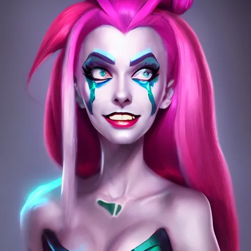Prompt: portrait of Jinx from League of Legends, by Fortiche Studio, by Riot Games, from Netflix's Arcane, trending on artstation,fine details, realistic shaded, fine-face, painted texture, pretty face