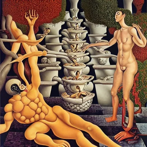 Image similar to the three fates, pain, pleasure, suffering, adventure, love, abstract oil painting by MC Escher and Salvador Dali and raqib shaw,-W 1024