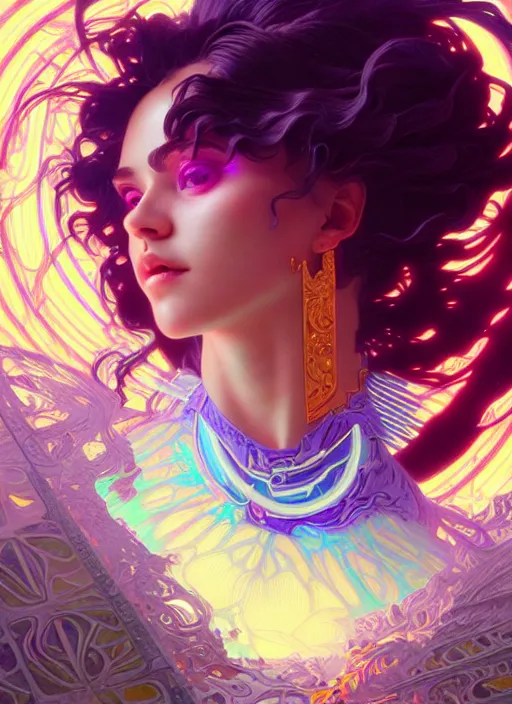 Prompt: hyper detailed ultra sharp of a beautiful sorcerer girl. trending on artstation, vaporwave aesthetic, synthwave, colorful, psychedelic, ornate, intricate, digital painting, concept art, smooth, sharp focus, illustration, art by artgerm and greg rutkowski and alphonse mucha, 8 k