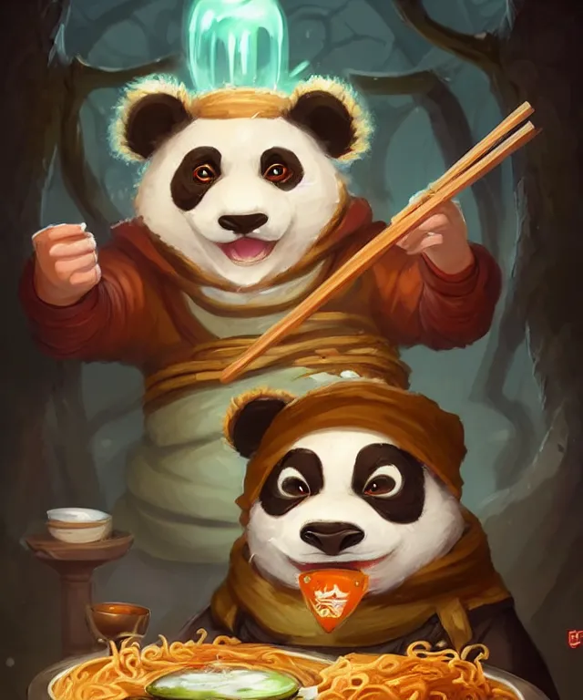 Prompt: a portrait an anthropomorphic panda mage eating ramen, wearing mage robes, restaurant in background, cute and adorable, dnd character art portrait, well rendered matte fantasy painting, deviantart artstation, by jason felix by steve argyle by tyler jacobson by peter mohrbacher, cinematic lighting