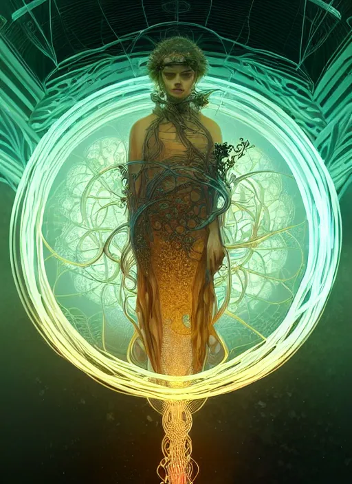 Image similar to fractals!! calm, healing, resting, life, hybrids, scifi, glowing lights!! intricate elegant, highly detailed, volumetric, smoke, digital photograph, artstation, concept art, smooth, sharp focus, thin glowing wires, illustration, art by greg rutkowski and alphonse mucha, singularity!!!, 3 6 0 capture