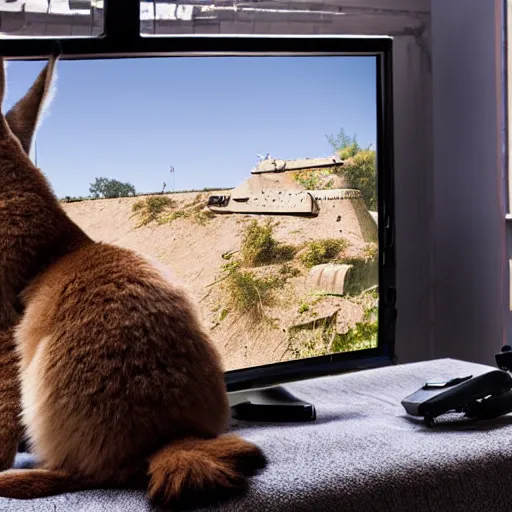 Image similar to view from behind from bed of a cute fluffy caracal wearing headset watching big tv displaying world of tanks, intricate detail, cinematic composition