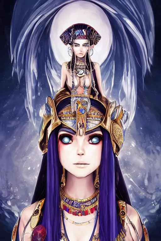 Prompt: a portrait of a smirking necromancer queen cleopatra, beautiful and detailed eyes, anj necklace, with pyramids and a giant crimson moon with the eye of ra in the background, by tite kubo and guweiz and stanley artgerm, dramatic lighting, manga cover, highly detailed, incredible quality, trending on artstation