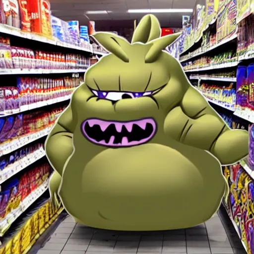 Image similar to scary monster big chungus in a grocery store, vhs, horro