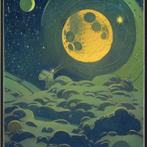 Prompt: illustration of the man in the moon as a robot, by nicholas roerich and donato giancola and dulac, sharp focus, very detailed, starry sky, geometric ornament, dramatic lighting