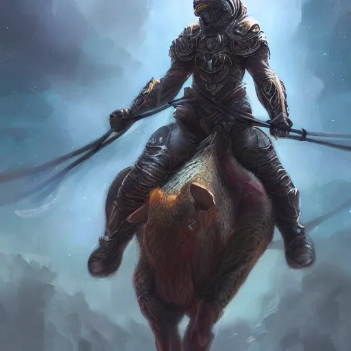 Prompt: Ultrarealistic illustration rafael laguna riding an ox, beautiful, sci-fi high fantasy, intricate, elegant, highly detailed, digital painting, artstation, concept art,