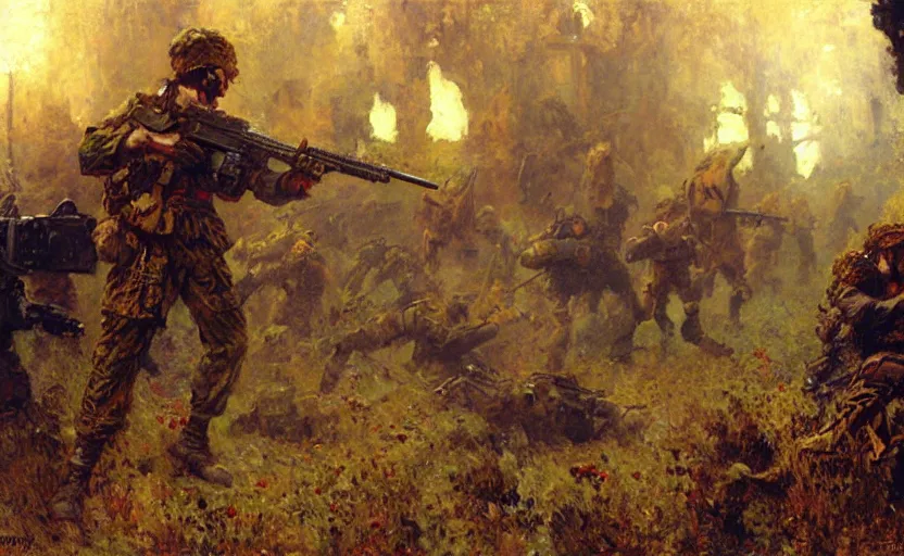 Image similar to soldiers being killed by fantasy minecraft creeper, painting by Gaston Bussiere, Craig Mullins