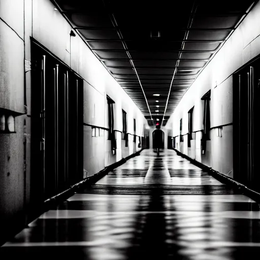 Image similar to Black military quadcopters, in the wide hallways in a futuristic prison underground, brutalist liminal architecture, sigma 85mm f/1.4, 4k, depth of field, high resolution, 4k, 8k, hd, full color