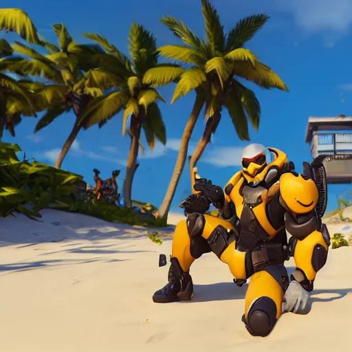 Image similar to d. i. v. a from overwatch relaxing at the beach getting a sun tan, unreal engine 5 4 k