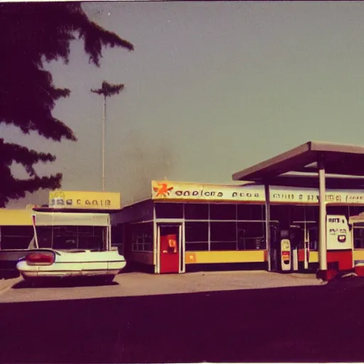 Image similar to polaroid of a gas station from 1 9 6 8