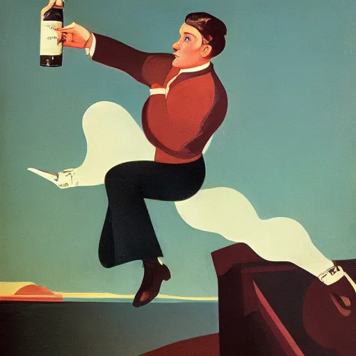 Image similar to artistic rendition of a man jumping in the while holding a bottle, futurism