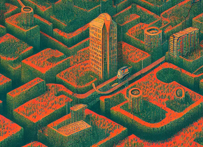 Image similar to city covered in overgrowth, colorful, Mads Berg, Karolis Strautniekas, stippled light, editorial illustration, detailed,fine texture, textured, matte print