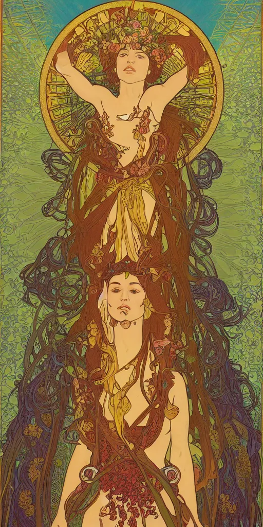 Image similar to a portrait of a beautiful female godess of spring, tarot card style, by Mohrbacher and Moebius and Alphonse Mucha and Roger Deakins, cinematic lighting, masterpiece, highly detailed, 8k resolution, trending on art station