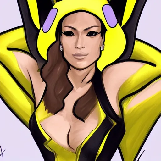 Image similar to jennifer lopez - pikachu hybrid, concept character art