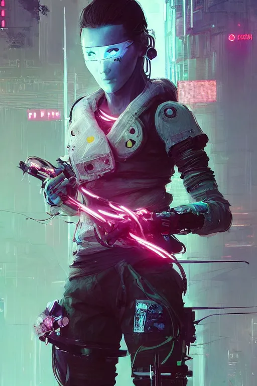 Prompt: horizon zero down, cyberpunk futuristic neon. fencing, long sword in her hand, decorated with traditional japanese ornaments by ismail inceoglu dragan bibin hans thoma greg rutkowski alexandros pyromallis nekro rene maritte illustrated, perfect face, fine details, realistic shaded, fine - face, pretty face, masterpiece