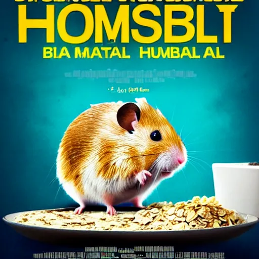 Image similar to an epic movie poster of a movie where a homeless hamster eats so much oatmeal he becomes obese