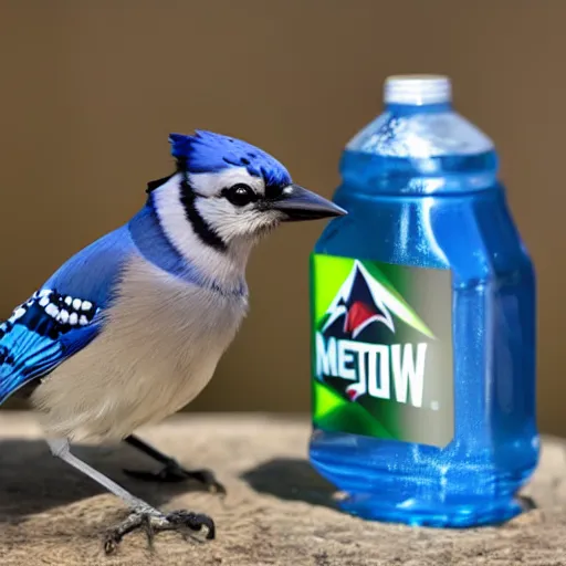 Image similar to bluejay next to a bottle of mountain dew