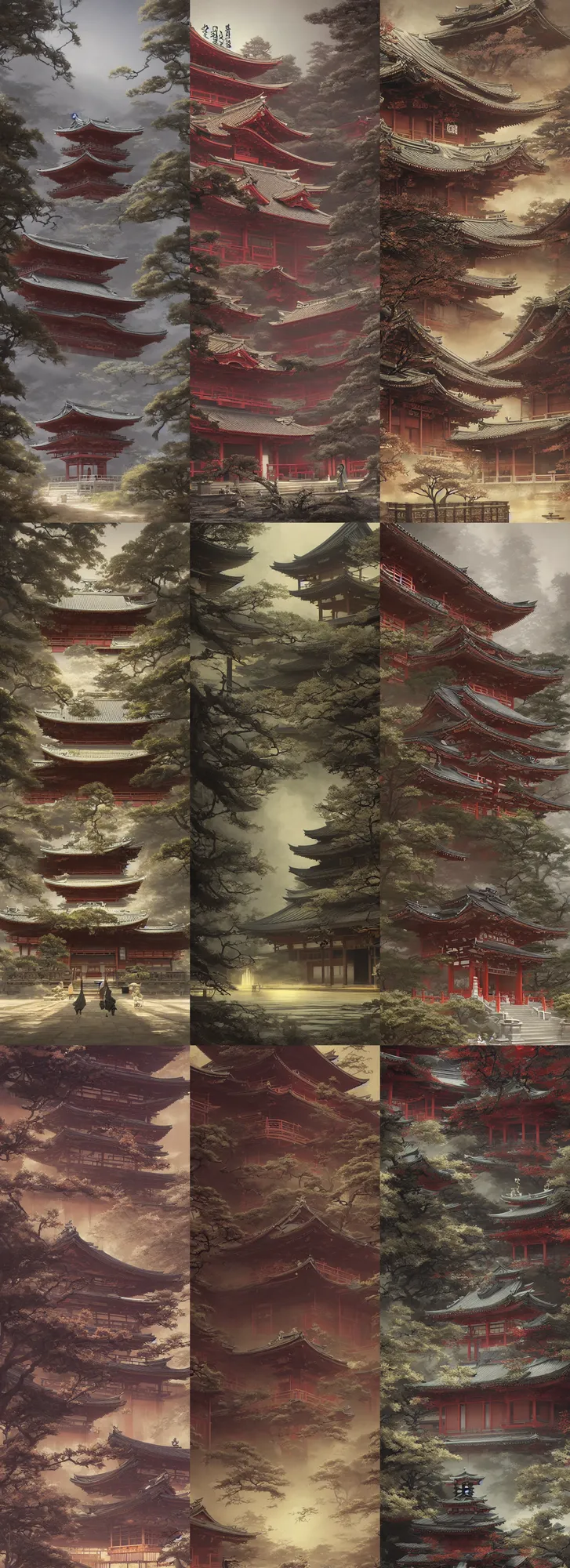 Prompt: japanese temple, highly detailed, digital painting, artstation, concept art, sharp focus, illustration, orientalism, art by aleksi briclot and greg rutkowski and raphael lacoste and magali villeneuve