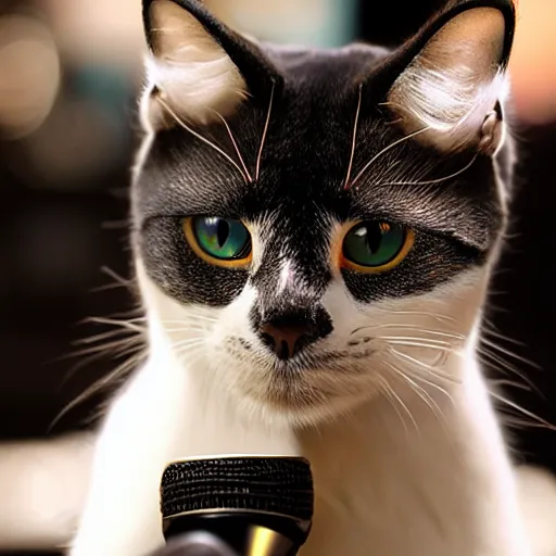 Prompt: a cat holding a mic singing on stage in Broadway, photo