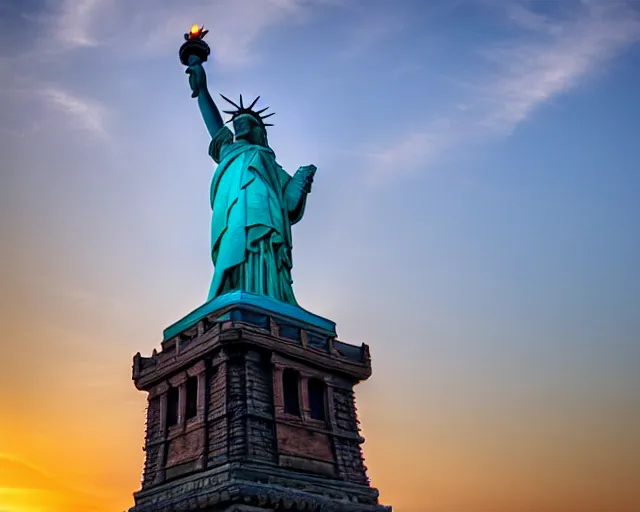 Image similar to 4 k hd, high resolution photograph of statue of liberty at sunrise, shot with sigma f / 4. 2, 2 5 0 mm sharp lens, wide shot, volumetric lighting, high level texture render