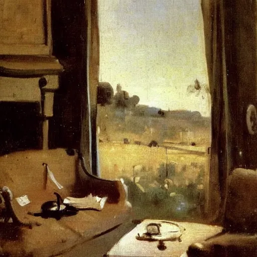 Image similar to miniature living room, by camille corot