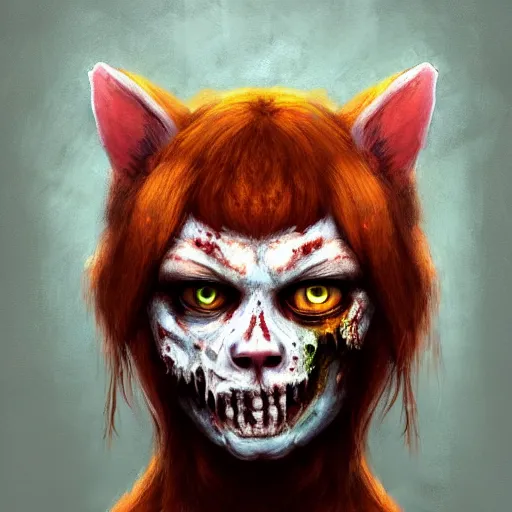 Image similar to color head portrait of ginger cat as a zombie, 7 days to die zombie, gritty background, fine art, award winning, intricate, elegant, sharp focus, cinematic lighting, digital painting, 8 k concept art, art by michael hussar, art by brom, art by guweiz and z. w. gu, 8 k