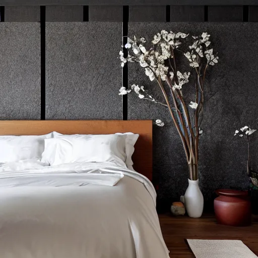 Image similar to bedroom, stone, interior design, stylish luxury hotel bedroom design, yakisugi, black vertical slatted timber, textures, feminine, black walls, art, Japanese pottery vase with flowers, kakejiku, seasonal, Japanese influences