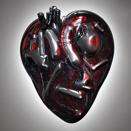 Prompt: an anatomically correct cybertronic human heart, biomechanical, made of metal, reflective, octane render