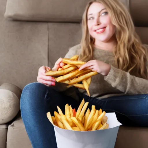 Prompt: a potato sat on a sofa eating a box of fries